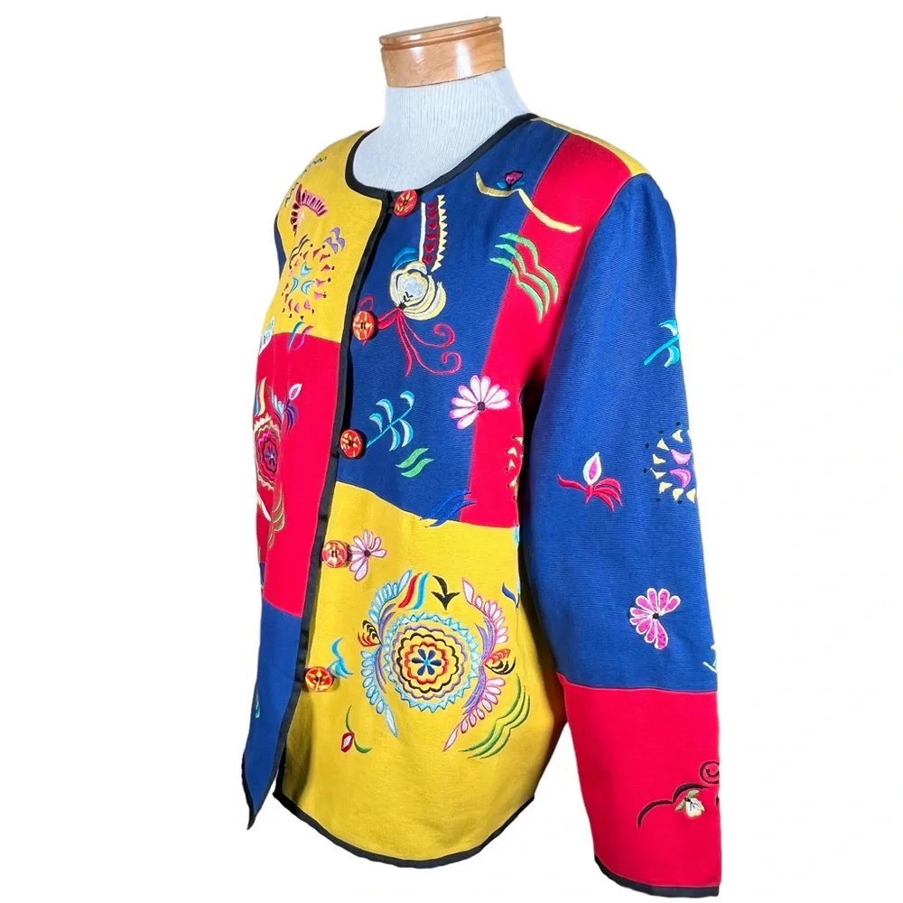 Alex Kim Women’s Cotton Blend Festive Multi-Color Embroidered Jacket PL EUC - Picture 14 of 15